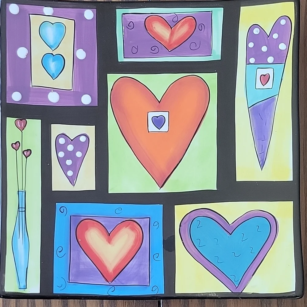 NAYLOR DESIGNS Hand Painted Hearts Valentine's Hanging Plate (9.75” x 9.75”)